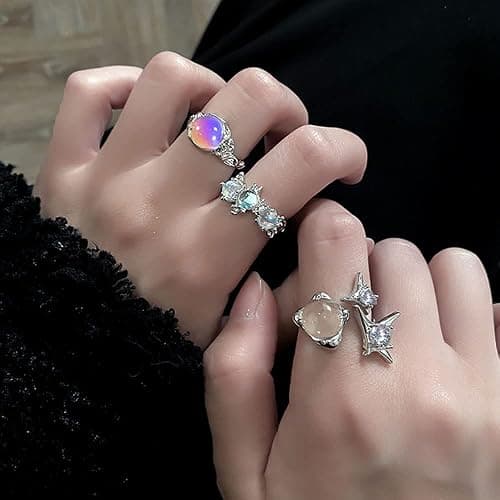 KURTCB Y2k Rings Set Carnelian Rings Irregular Agate Opal Moonstone Bud Flower Star Finger Rings Opening Adjustable Rings for Women thumbnail 4