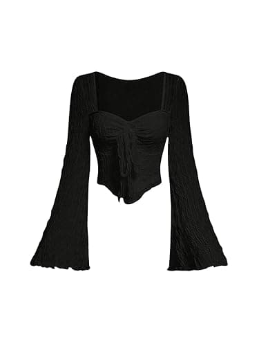 SOLY HUX Women's Long Bell Sleeve Tops Mesh Sweetheart Neck Going Out Crop Top Casual Asymmetrical T Shirts Tees - Small - Pure Black