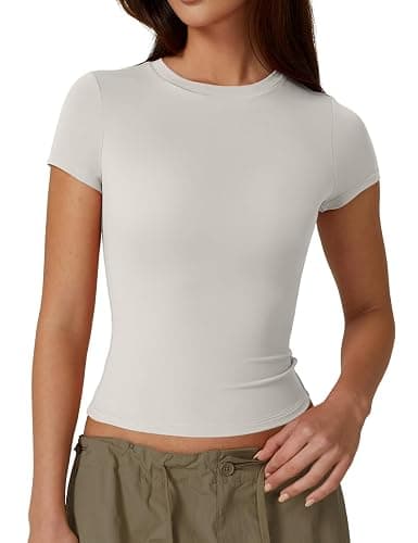 QINSEN Women's Crew Neck Short Sleeve Double-Layer Tops Basic Slim Fit Going Out T Shirt - Image 1