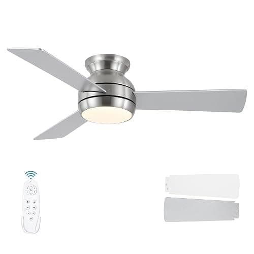 putroad 42 Inch Ceiling Fans with Lights and Remote, Brushed Nickel Low Profile Ceiling Fan with Light, Flush Mount, Reversible, 6 Speeds, 3CCT Dimmable, Bedroom Indoor/Outdoor Patios Use - Image 1