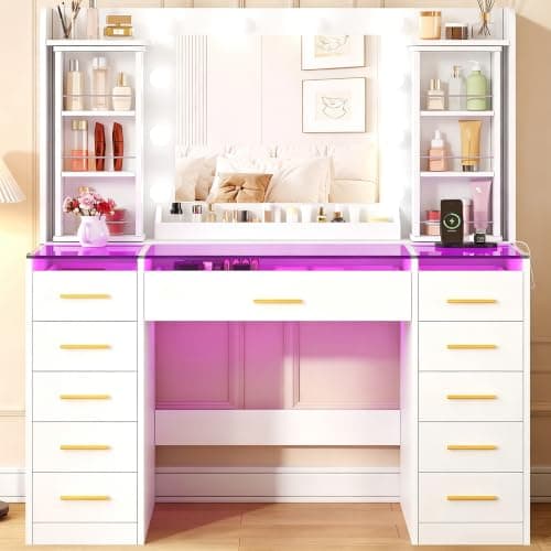 YUNSCEND Large Makeup Vanity Desk with Mirror and Lights, White Vanity Table with 360° Rotating Organizer, Glass Top, RGB Lights, Dressing Table with 11 Drawers, Power Outlet, for Bedroom, UXFST006W thumbnail 9
