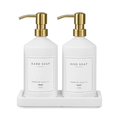 Gold Soap Dispenser Set, Glass Hand and Dish Soap Dispenser Set with Tray,Stainless Pump,14 Stickers for Kitchen,Bathroom Soap and Lotion Dispenser,Modern Counter Decor (White Bottle/Gold Pump) - Image 1