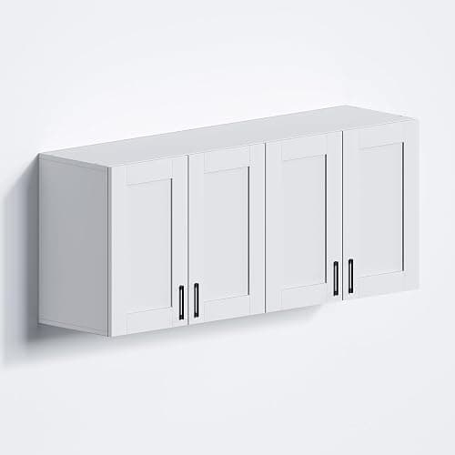 White Laundry Room Cabinets and Storage with 4 Doors and Utility Adjustable Shelf,Gabinetes Para Cocina Cupboard Kitchen Organizers and Storage Pantry Wall Mounted 12.4"D x 47.2"W x 19.7"H - 4 door - Image 1