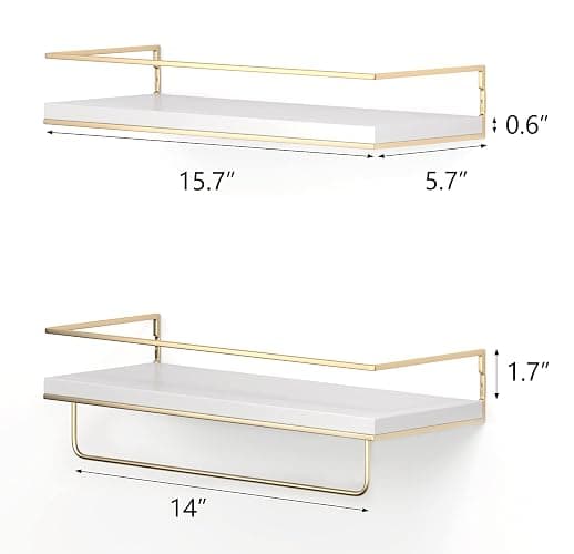 Shario White Floating Shelves - Set of 2, Wall Mounted Hanging Shelves with Golden Towel Rack, Decorative Storage Shelves for Bathroom, Kitchen, Living Room & Bedroom (White Gold, 15.7 Inches) | Hanging Shelves, for Bathroom, Kitchen, Living Room, Bedroom thumbnail 3