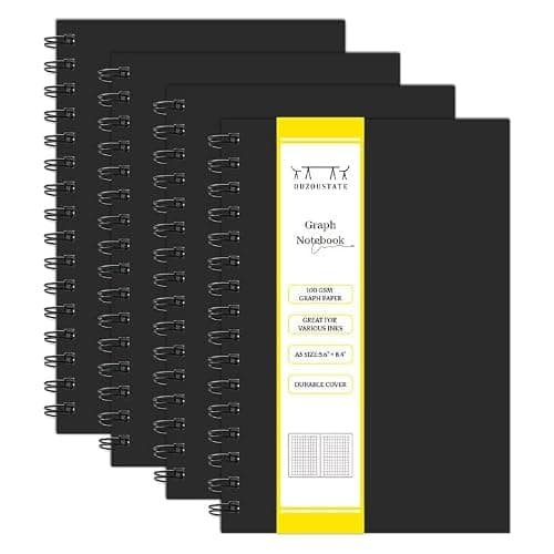 Ouzoustate Graph Paper Spiral Notebook A5 Grid Journal 5.62"x 8.4" - 4 Pack 160 Pages 100GSM Thick Paper Hardcover Notebooks for Note Taking Engineering Graphing Work School Supplies,Black - Image 1