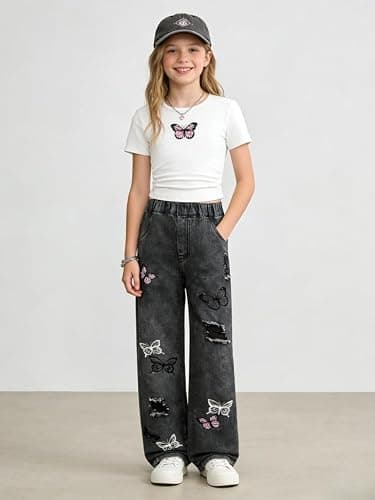 Azmxynol Tween Girl Clothes Short Sleeve Top + Butterfly Design Jeans 2 Pieces Spring Summer Outfit Set, Size 6-14 Years thumbnail 3
