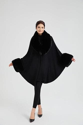 SUFCOMOU Women Cape Poncho with Fur Trim Winter Faux Fur Shawl Wrap Coat Sleeveless Cardigan Cloak (Black) thumbnail 3