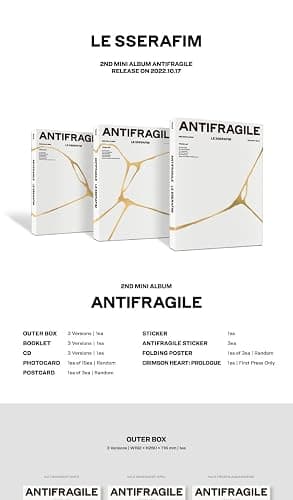 LE SSERAFIM ANTIFRAGILE 2nd Mini Album Vol.2 IRIDESCENT OPAL Version CD+1p Folding Poster On Pack+112p Booklet+1p PhotoCard+1p PostCard+1ea Sticker+3ea ANTIFRAGILE Sticker+Tracking Sealed thumbnail 2