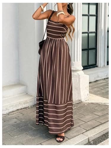 Milumia Women's Striped Spaghetti Strap Dress Smocked Open Back Flowy Long Vacation Dresses Brown Small thumbnail 5
