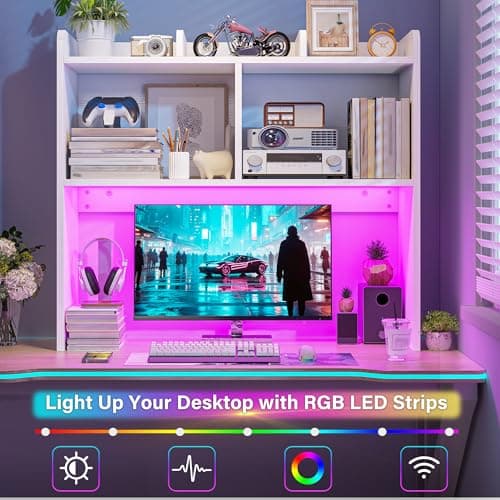REIBII Desk Hutch Dorm for Computer Monitor Up to 27", Dorm Desk Hutch Top Only with RGB Light Strip, Wooden Desktop Bookshelf with 6 Shelves, 3-Tier Desktop Shelf for Home Office Dorm, White thumbnail 3