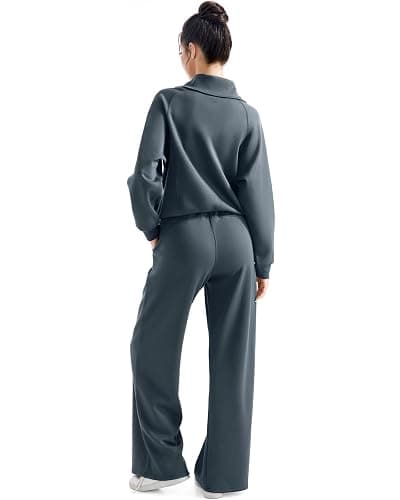 SUUKSESS Women 2 Piece Lounge Matching Set Wide Leg Sweatpant Half Zip Sweatshirt thumbnail 3