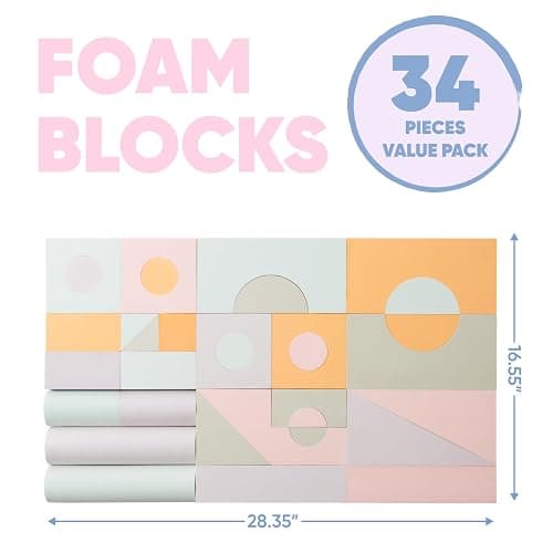 34 Large Foam Blocks for Toddlers - Pastel Stacking Soft Blocks for Kids | 34 jumbo soft EVA foam blocks in pastel colors - stack, build and float in the bath. Storage bag included. Non-toxic, ages 3+ thumbnail 2