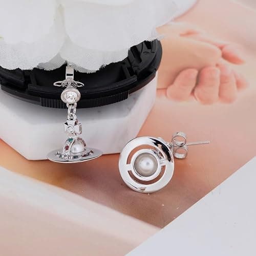Colorful Saturn Earrings for Women - Punk Shining Crystal Quartz Earrings of Saturn for Women Saturn Earrings (Silver White) thumbnail 3