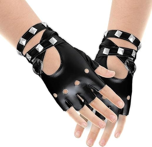 Fingerless Faux Leather Biker Gloves - Black Punk Glove Belt Up Closure thumbnail 5