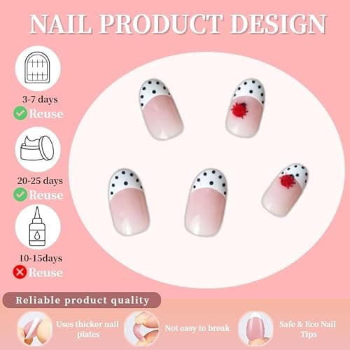 24 Pcs Polka Dot French Tip Press on Nails Short Oval Fake Nails 3D Red Ladybug Designs Stick On Nails Kit Black Polka Dot Acrylic False Nails Press ons Ladybug Full Cover Artificial Nails for Women thumbnail 5