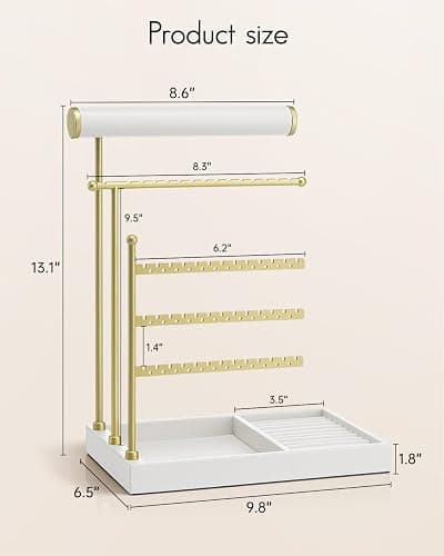 Vlando Jewelry Stand Organizer with Ring Holder, Jewelry Holder Organizer with Tray, Necklace Holder Bracket Holder Earring Holder - White - A. White thumbnail 3