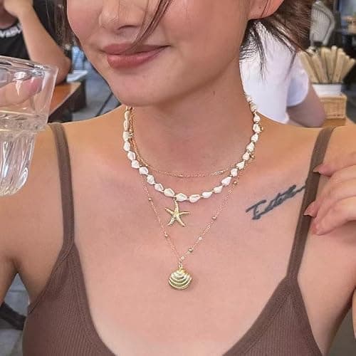 Seashell Starfish Necklace for Women Conch Shell Summer Pearl Beach 14k Gold Layered Dainty Choker thumbnail 4