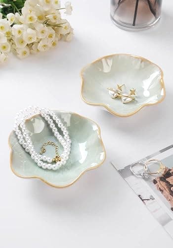 JAMEND CLXP Lotus Leaf Shape Decorative Ring Tray, Small Key Bowl, Ceramic Trinket Tray Jewelry Dish Organizing Necklace Earrings, Home Decoration for Mom Best Friend Sister, Light Green. thumbnail 2
