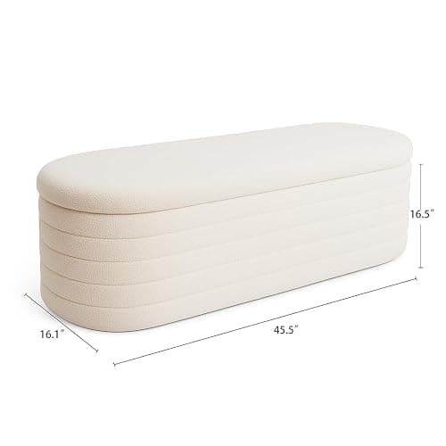 OuchTek Teddy Sherpa Storage Ottoman Bench, Modern Upholstered Window Bench with Safety Hinge Lid, Oval White Ottoman for Living Room, Bedroom End of Bed thumbnail 2