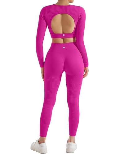 SUUKSESS Open Back Long Sleeve Scrunch Butt Booty Leggings Seamless Ribbed Workout Sets 2 Piece Outfits thumbnail 2