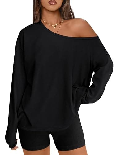 REORIA Womens Oversized One Shoulder Asymmetrical Neck Long Sleeve Basic T Shirts Y2K Tops Fall Winter Clothes - Image 1