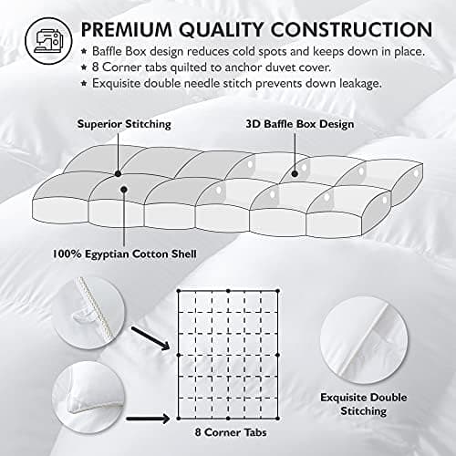 Luxurious King/California King Size Goose Down Fiber Waterfowl Feather Fiber Comforter Duvet, 100% Egyptian Cotton Cover, 58 oz. Fill Weight, Baffle Box Design, White Solid - King thumbnail 4