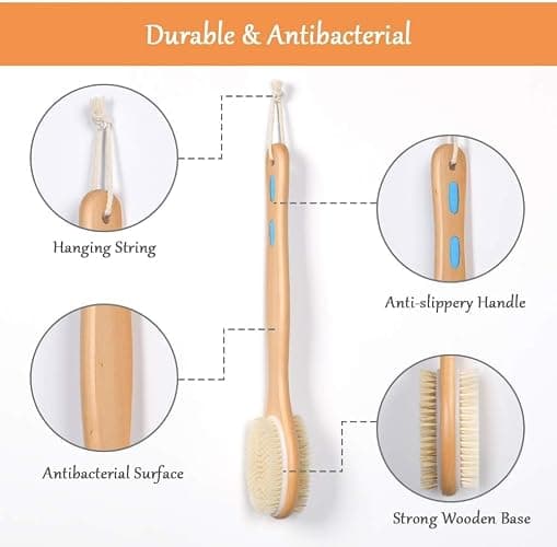 URAQT Brushing Body Brush Set, Natural Bristle Shower Brush et Long Handle Double-sided Brush，Dry Brushing Back Scrubber for Exfoliating, Massage, Improve Blood Circulation Cellulite thumbnail 4