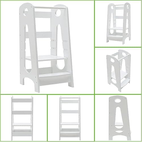 KATARUS Kitchen Step Stool for Kids and Toddlers with Safety Rail Children Standing Tower for Kitchen Counter, 3 Heights Adjustable Solid Wood Step Up Learning Stool Mother's Helper, Solid Wood, White thumbnail 7
