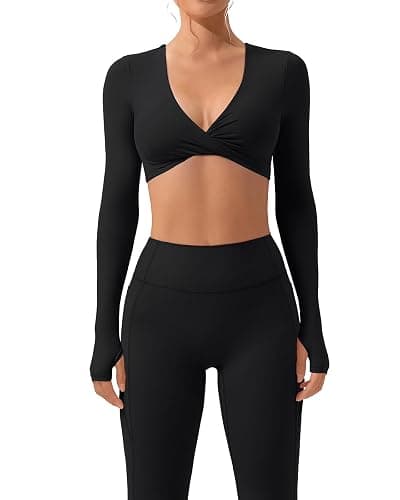 SUUKSESS Women 2 Piece Workout Sets Long Sleeve Twist Deep V Crop Padded Tops Yoga Leggings with Side Pockets thumbnail 2