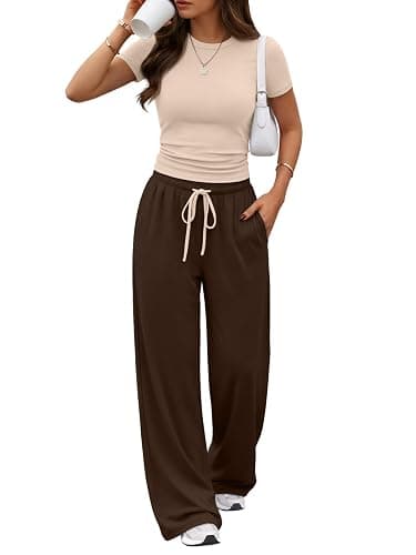 Trendy Queen Women's 2 Piece Matching Summer Lounge Set with Pockets | Vacation Airport Travel Outfits, Workout Gym Clothing Comfy Athleisure Clothes, Side-ruched Top, Drawstring Wide Leg Pants - Image 1