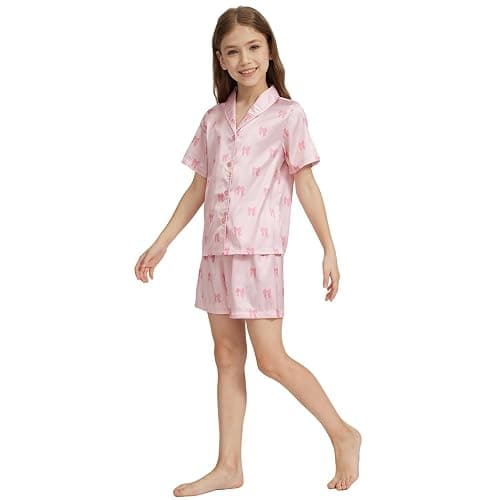 Ewbob Girls Silk Satin Pyjamas Set Short Sleeve Button-Down Kids PJs Breathable Soft Nightwear Children Sleepwear Age 5-14 thumbnail 3