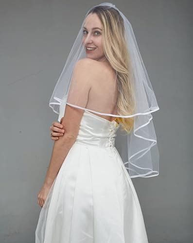 White Bridal Veil 2 Tier Veil with white binding and sash Wedding Veil Bachelorette Party Bridal Shower thumbnail 4