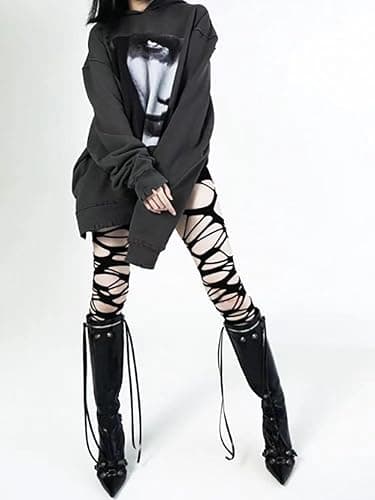 NXITK 2 Pack Goth Tights - Ripped Gothic Tights for Women - Black thumbnail 6