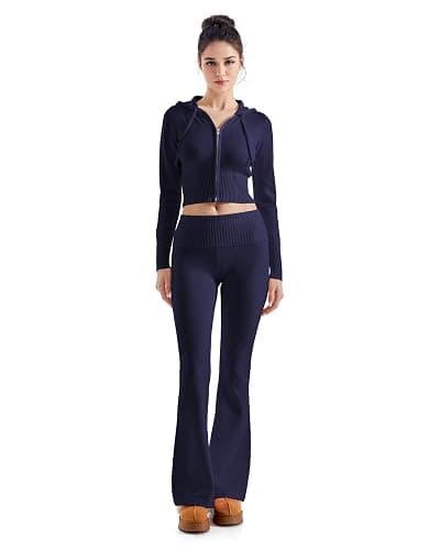 SUUKSESS Women 2 Piece Knit Sets Cropped Zip Up Hoodie Foldover Flare Leg Pants - Image 1