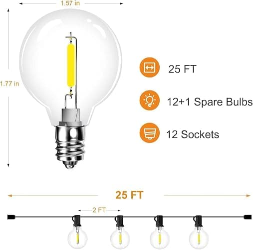 RTTY Outdoor String Lights 25ft, G40 Led Patio Globe Lights with 13pcs Plastic Bulbs, Shatterproof Waterproof Connectable Hanging for Porch Cafe Bistro Backyard Gazebo Balcony Party - 25FT thumbnail 3