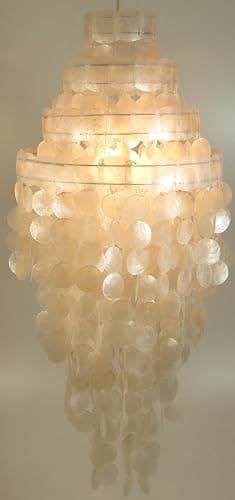 Deckenlampe/Deckenleuchte, Muschelleuchte aus hunderten Capiz, Perlmutt Plättchen - Modell Sakawa 90 cm weiß/Hängeleuchten aus natürlichen Materialien - Image 1