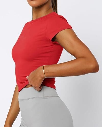 Mousnipy Women's Basic Summer Short Sleeve Crewneck T-Shirts Y2K Cute Going Out Tops Baby Tee - Small - Red thumbnail 5