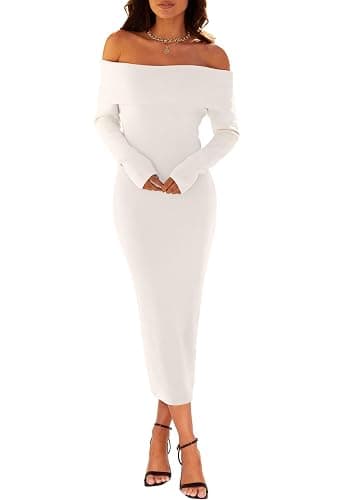 MEROKEETY Women's Fall Off Shoulder Bodycon Sweater Dress 2025 Formal Long Sleeve Elegant Club Party Midi Maxi Dresses thumbnail 2