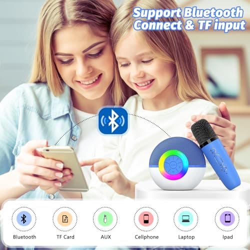 goopow Mini Karaoke Machine Speaker for Kids Adults, Portable Bluetooth Microphone Song Toys with LED Light, Best Chritmas Birthday Festival Gift for 3 4 5 6 7 8+ Year Old Girls Boys (Blue-2MIC) thumbnail 4
