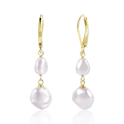 LANCHARMED 14K Gold Pearl Dangle Earrings for Women,925 Sterling Silver Double Pearl Drop Earrings,Leverback Irregular Pearl Hypoallergenic Earrings - Image 1