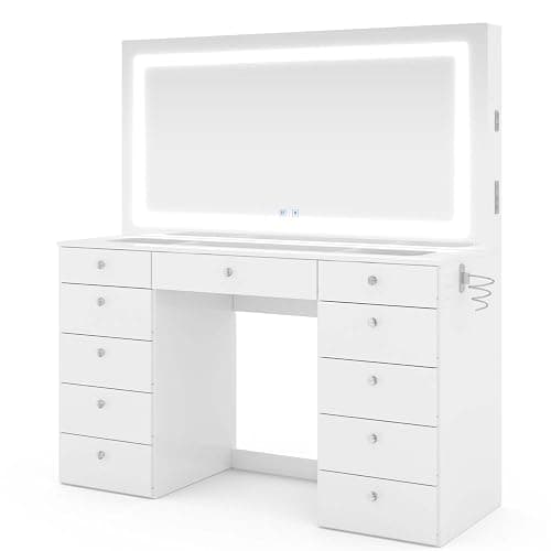 Boahaus Orla Modern Makeup Vanity Desk with Built-in Light Bulbs, USB Port, Power Outlet, 11 Drawers, Hollywood Vanity Mirror, Glam Glass Top, White/Crystal thumbnail 2