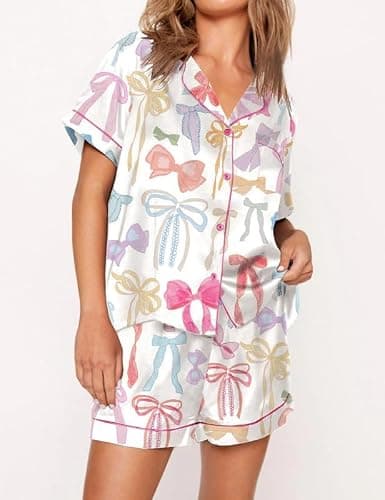 Passec Womens Christmas Pajamas Shorts Sets Satin Silk 2 Pieces Xmas Pj Set Bown Down Bow Holiday Jammies thumbnail 5
