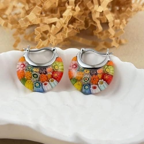 Murano Style Glass Hoop Earrings for Women Multicolored Dry Flower Moon Earrings Classic Stainless Steel Gift for Her thumbnail 3