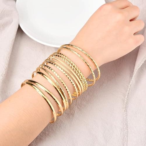 Boho Gold Bangle Bracelets for Women Bohemian Stackable Bracelets Sets for Women Dainty Round Bracelet Metal Aztec Multi Bangle Bracelets for Women Textured Bangles Bracelet Accessories 12 Pcs thumbnail 3