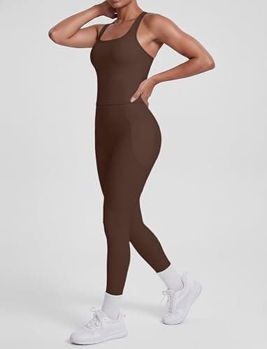 2 Piece Workout Sets for Women Racerback Tank High Waisted Pocket Leggings No Front Seam Tummy Control Butt Lifting thumbnail 3