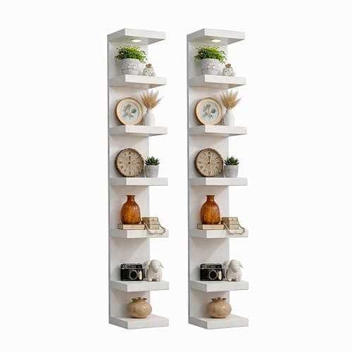 UrbanNook 7-Tier Floating Wall Shelf with LED Lights – White Modern Display Shelving Unit with Remote Control – Wall Mounted Bookshelf for Living Room, Bedroom, or Office Decor (2) - Image 1