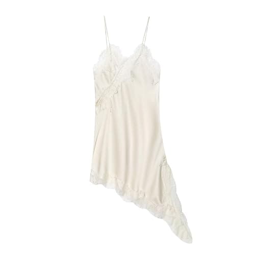ZCKZUK Women's Elegant Satin Lace Trim Undergarment Slip Dress with Asymmetric Hem, V‑Neck Spaghetti Straps Evening Wear - Image 1