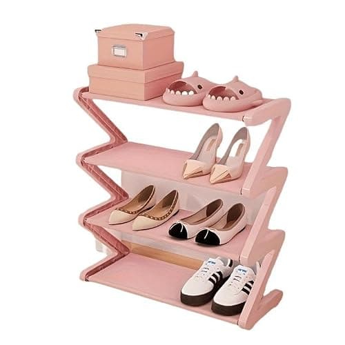 4 Layer Z Shaped Shoe Rack, Easy To Assemble Shoes Storage Rack, Stackable Home Organizer for Living Room, Dormitory, School (pink) thumbnail 4