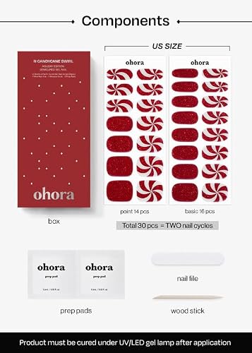 ohora Semi Cured Gel Nail Strips (N Candycane Swirl) - Works with Any Lamps, Salon-Quality, Long Lasting, Easy to Apply & Remove - Includes 2 Prep Pads, Nail File & Wooden Stick thumbnail 6