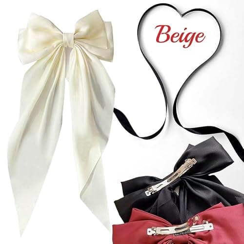 Hair Bows for Women - 3 Pcs Large Ribbon Hair Clips with Long Tail Tassels, Big Hair Barrettes for Girls (Black, Red, Beige) thumbnail 6